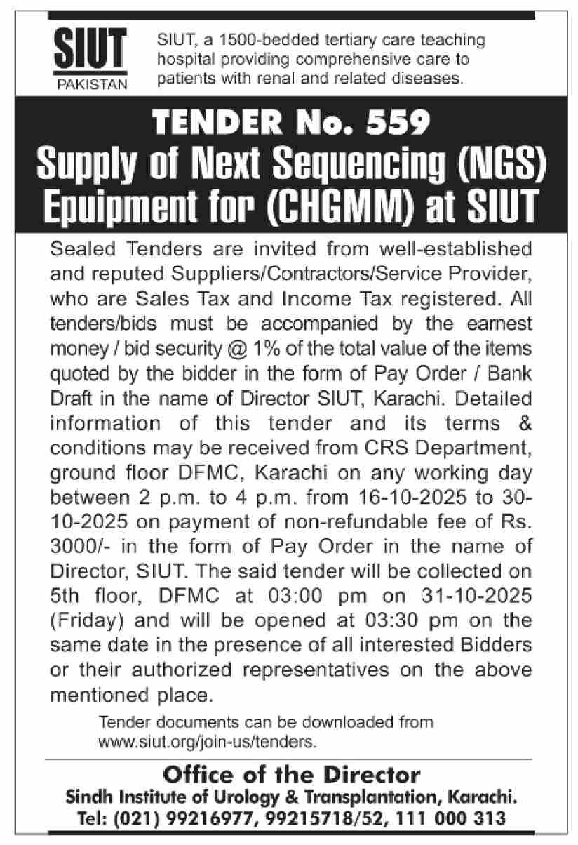 SIUT Karachi Tender Notice